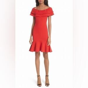 MILLY Red Textured Knit Off-The-Shoulder Flounce Knee Length Cocktail Dress M